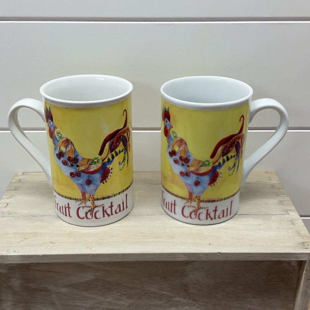 Sharon Neuhaus Poultry In Motion Fruit Cocktail Rooster Mugs Set of 2 Yellow Blu